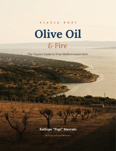 The cover of Olive Oil & Fire: an olive grove above the sea at dusk.