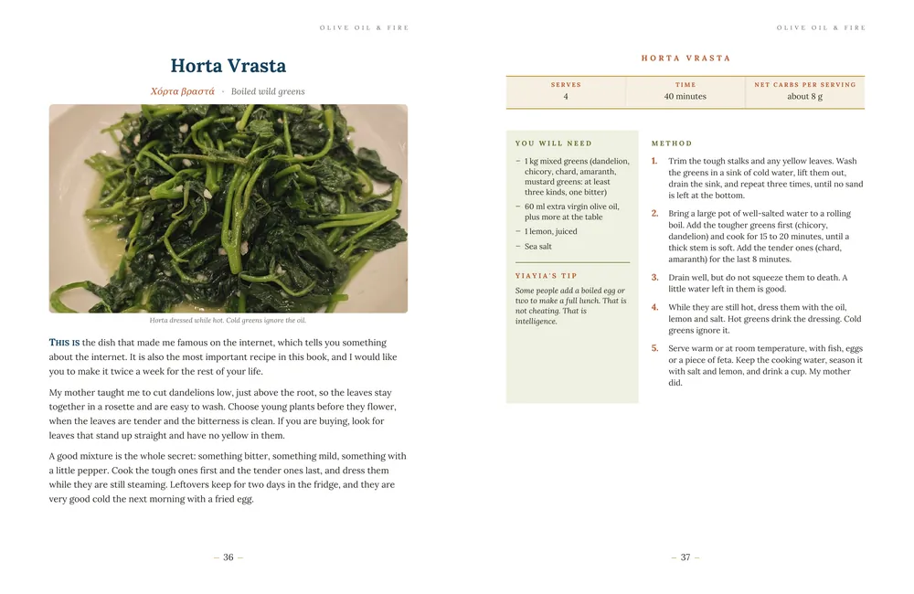Pages 36 and 37 of the book: the Horta Vrasta recipe, with a photograph of the greens, the ingredients and the method.