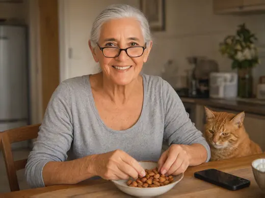 AI image of Popi shelling almonds at her kitchen table while a ginger cat watches.