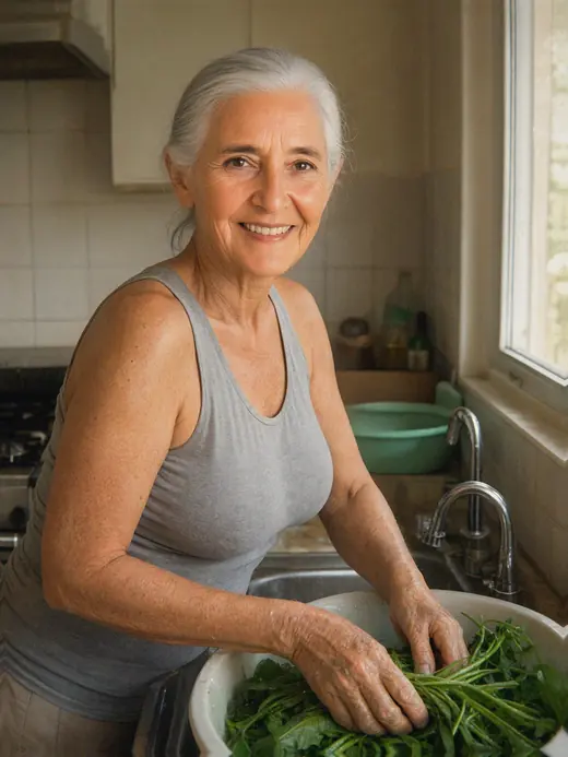 AI image of Popi, a grey-haired woman in her seventies, washing a bowl of greens at her kitchen sink.