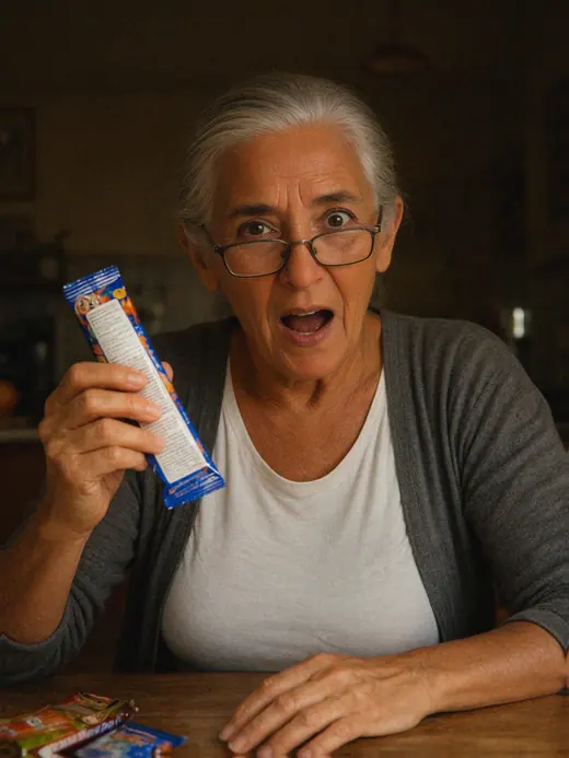 AI image of Popi at her kitchen table, peering over her glasses at a keto snack bar.